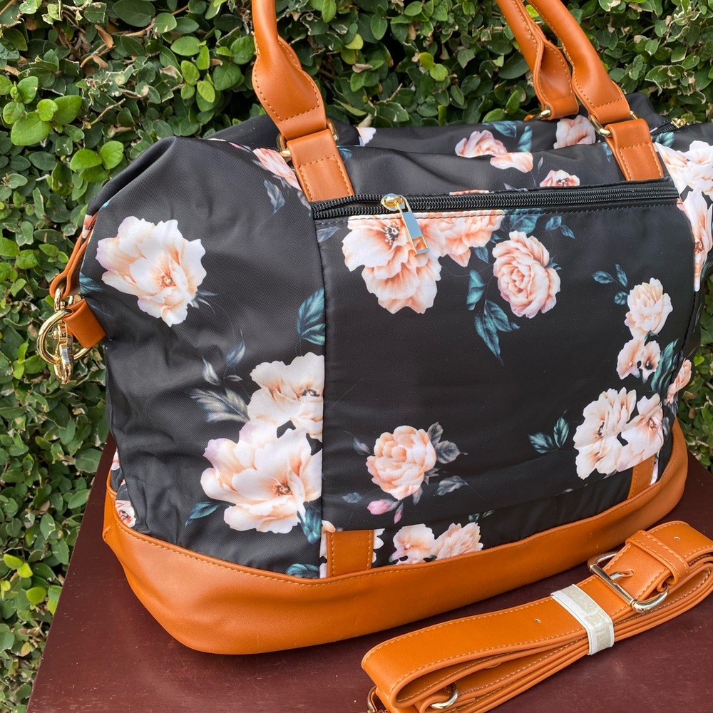 Black Floral Travel Bag w/ Leather Straps